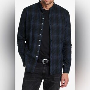 $398 NWT John Varvatos Estill Shirt XL Blue Men's 100% Cotton Band Collar Plaid
